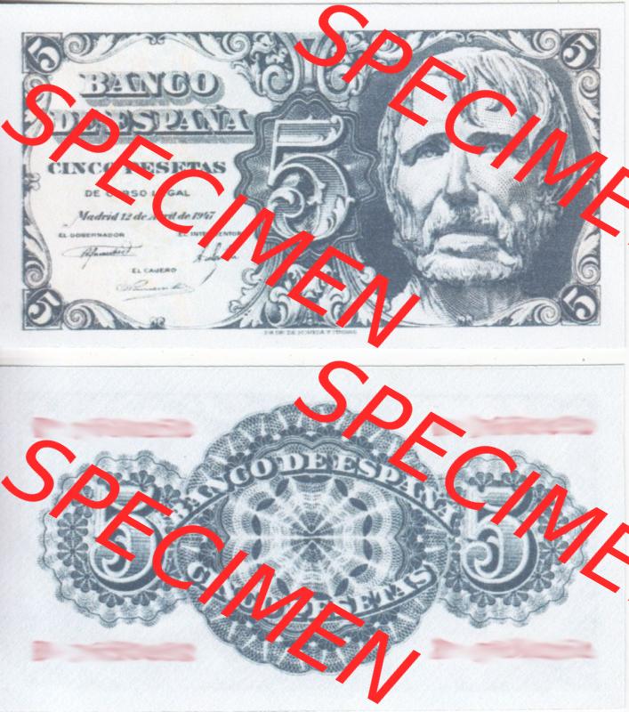 Banknoten Spanien 1947-1947, 5 Peseten. Vorderseite und Rückseite auf einen Digitalen Bild der Banknoten von Spanien 1946-1949, Banknoten aus Satz der Banknoten Spanien 1946-1949... Sammlung