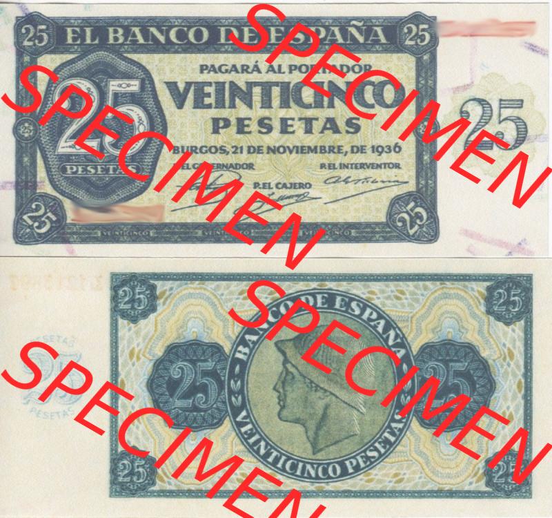 Banknoten Spanien 1936-1936, 25 Peseten. Vorderseite und Rückseite auf einen Digitalen Bild der Banknoten von Spanien 1936, Banknoten aus Satz der Banknoten Spanien 1936 in der... Sammlung