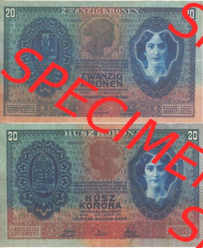 Banknoten Österreich 1907-1907, 20 Kronen. Vorderseite und Rückseite auf einen Digitalen Bild der Banknoten von Österreich... Sammlung