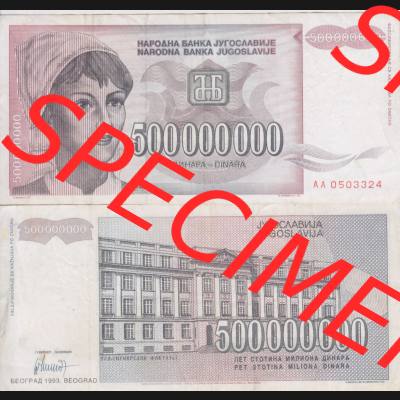 Banknoten Jugoslawien 1993-1993, 500000000 Dinar. Vorderseite und Rückseite einer Banknote aus dem nicht mehr existierenden Land Jugoslawien auf einen Digitalen Bild, Banknoten... Sammlung