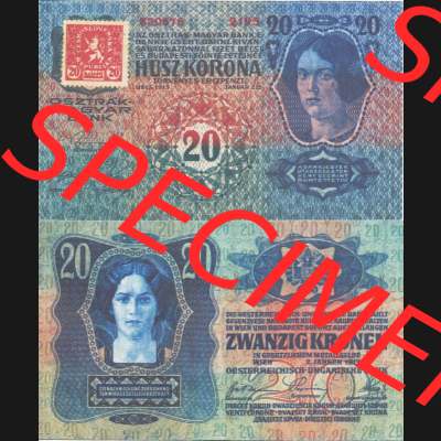 Banknoten Tschechoslowakei 1919-1919, 20 Kronen Provisorische Geldschein Ausgaben. Vorderseite und Rückseite auf einen Digitalen Bild der Banknoten der Tschechoslowakei 1919 Provisorisch,... Sammlung