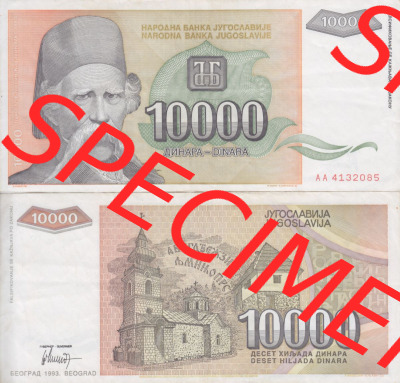 Banknoten Jugoslawien 1993-1993, 10000 Dinar. Vorderseite und Rückseite einer Banknote aus dem nicht mehr existierenden Land... Sammlung