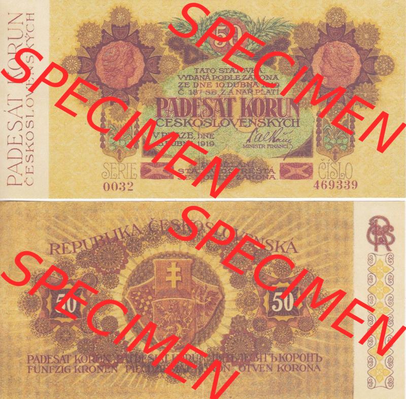 Banknoten Tschechoslowakei 1919-1919, 50 Korun. Vorderseite und Rückseite auf einen Digitalen Bild der Banknoten der Tschechoslowakei 1919, Banknoten aus Satz der Banknoten Tschechoslowakei... Sammlung