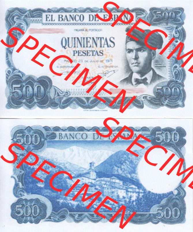 Banknoten Spanien 1971-1973, 500 Peseten. Vorderseite und Rückseite auf einen Digitalen Bild der Banknoten von Spanien 1965-1978, Banknoten aus Satz der Banknoten Spanien 1965-1978... Sammlung