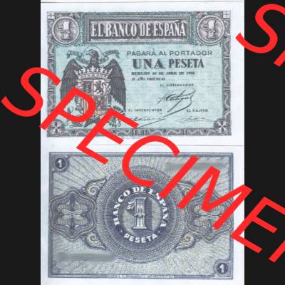Banknoten Spanien 1938-1938, 1 Pesete April 1938. Vorderseite und Rückseite auf einen Digitalen Bild der Banknoten von Spanien 1937-1938, Banknoten aus Satz der Banknoten Spanien... Sammlung