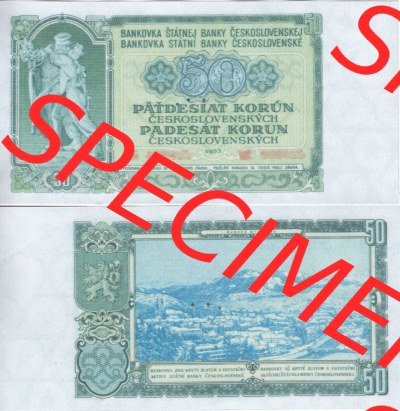 Banknoten Tschechoslowakei 1953-1953, 50 Kronen. Vorderseite und Rückseite auf einen Digitalen Bild der Banknoten der Tschechoslowakei... Sammlung