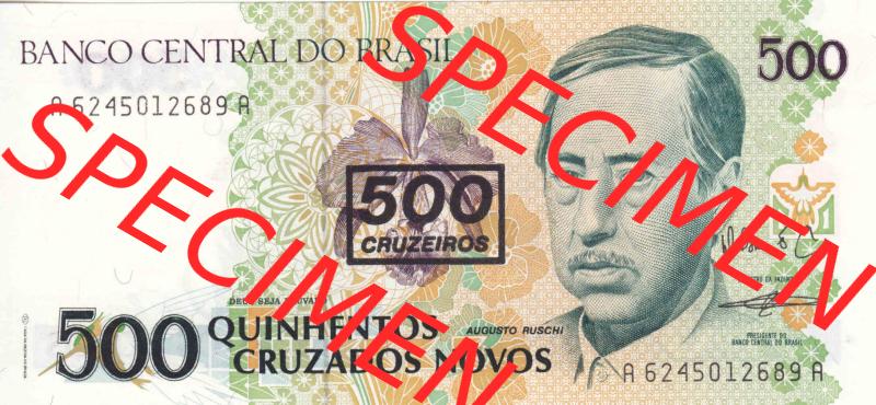 Banknoten Amerika Brasilien 1990, 500 Cruzeiros auf 500 Cruzados Novos (1) Sammlung