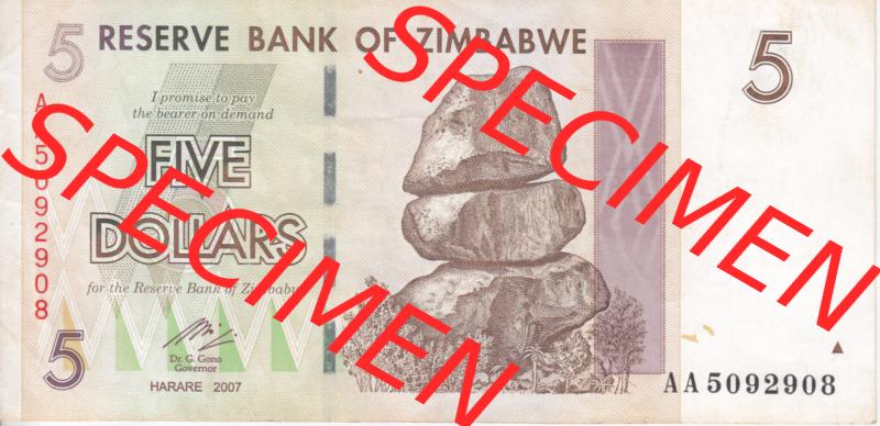 Banknoten Afrika Simbabwe 2007, 5 Dollars (1) Sammlung