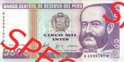 Banknoten Amerika Peru 1988, 5000 Intis (1) Sammlung