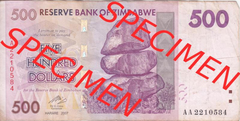 Banknoten Afrika Simbabwe 2007, 500 Dolars (1) Sammlung