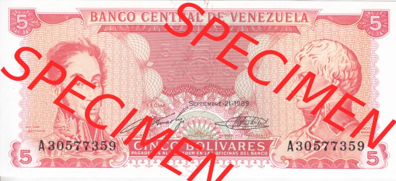 Banknoten Amerika Venezuela 1989 p70 5 Bolivares (1) Sammlung
