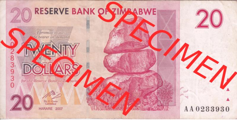 Banknoten Afrika Simbabwe 2007, 20 Dollars (1) Sammlung