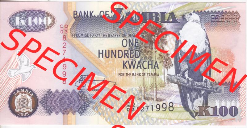 Banknoten Afrika Sambia 2008, 100 Kwacha (1) Sammlung