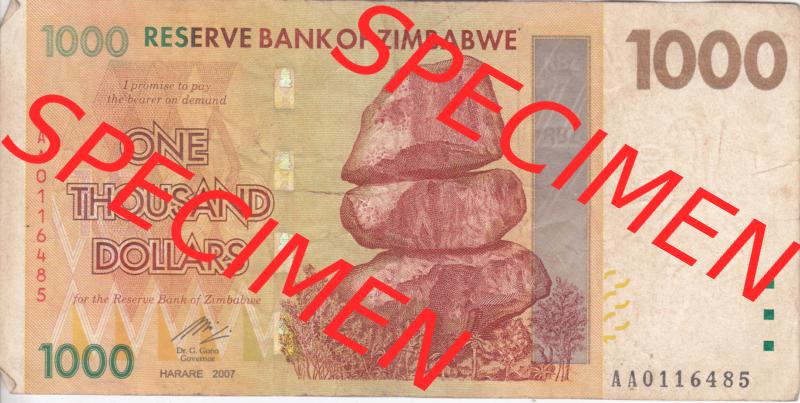 Banknoten Afrika Simbabwe 2007, 1000 Dolars (1) Sammlung