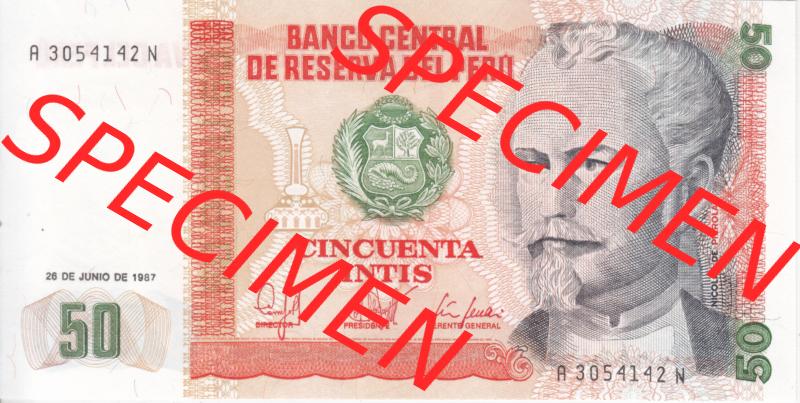 Banknoten Amerika Peru 1986-1987 p131 50 Intis (1) Sammlung