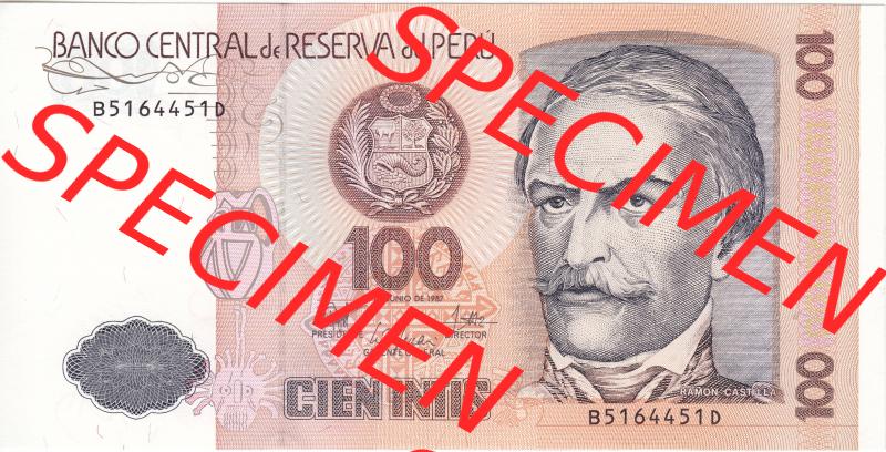 Banknoten Amerika Peru 1987, 100 Intis (1) Sammlung