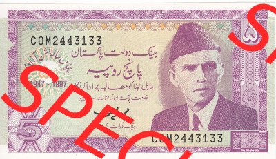 Banknoten Asien Pakistan 1997, 5 Rupees Rupien (1) Sammlung