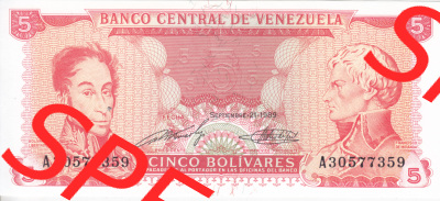 Banknoten Amerika Venezuela 1989 p70 5 Bolivares (1) Sammlung