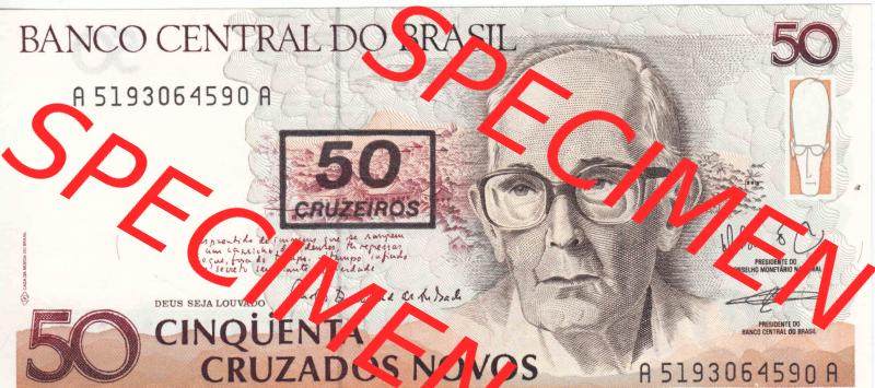 Banknoten Amerika Brasilien 1990, 50 Cruzeiros 50 Cruzados Novos (1) Sammlung