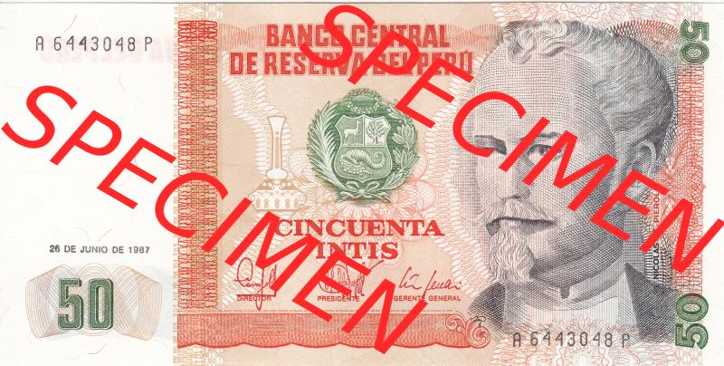 Banknoten Amerika Peru 1987, 50 Intis (1) Sammlung