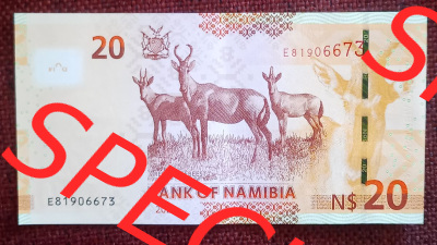 Banknote Namibia: Auch hier auf der Rückseite sind wieder Wildtiere zu sehen und rechts einen großen Kopf des Tieres. Sammlung