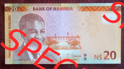 Banknote Namibia: Gleiche Machart ist der 20 Dollar Schein von Namibia, nur in beige-orange gehalten. Auf der Vorderseite, eher... Sammlung