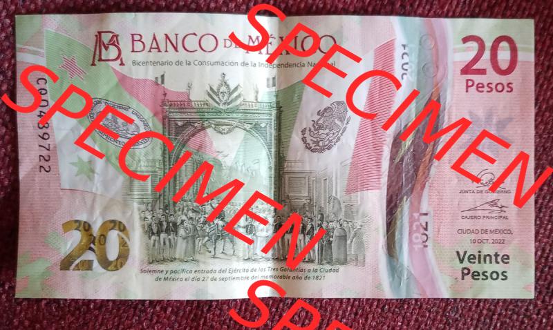 Banknote Mexiko (0001) Die aktuelle 20 Peso Banknote von Mexiko ist rot und grün. Auch ist es eine Polymerbanknote. Was man sieht ist auf der Vorderseite ein Tor und einige... Sammlung