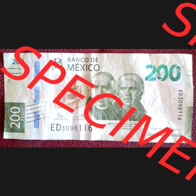 Banknote Mexiko (0003) Diese Banknote ist erstaunlicherweise auch die aktuellste. 20 und 50 Pesos sehen etwas anders aus, die 100 Pesos sind auch wieder ganz anders mit einem Portrait... Sammlung
