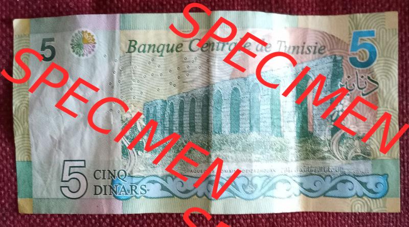 Banknote Tunesien (0002) Hier sieht man ein Gemäuer auf der Rückseite der Banknote. 5 Tunesische Dinare sind umgerechnet 1,50 € Sammlung