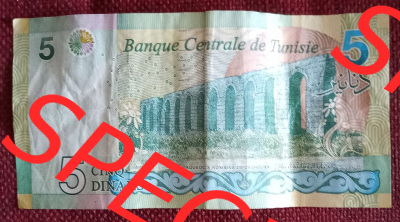 Banknote Tunesien (0002) Hier sieht man ein Gemäuer auf der Rückseite der Banknote. 5 Tunesische Dinare sind umgerechnet 1,50... Sammlung