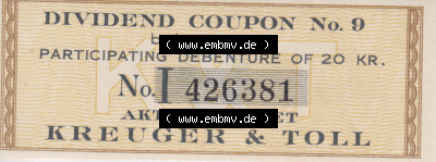Historische Coupons Dividend Coupon belonging to Participating Debenture of 20 KR., Kreuger Toll (1) Sammlung