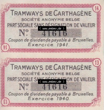 Historische Coupons 1941, Tramways de Varthagene, Part Sociale Sans Designation de Valeur (1) Sammlung