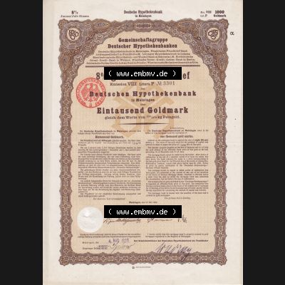 Deutsches Reich 1926, Gold-Pfandbrief der Deutschen Hypothekenbank in Meiningen über Eintausend Goldmark (1) Sammlung