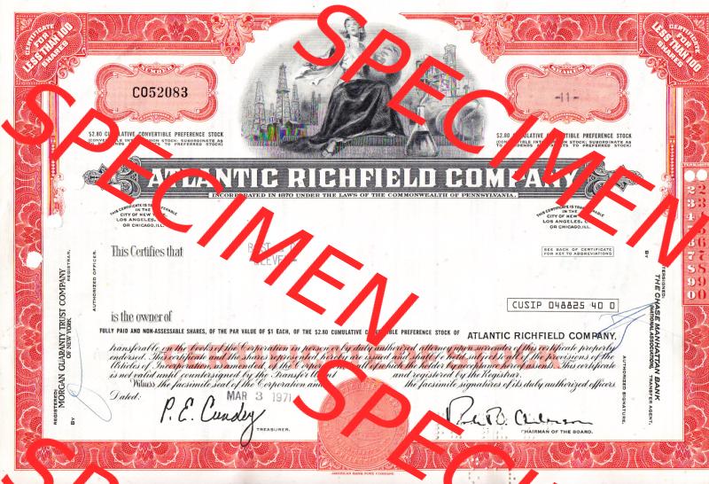 USA Öl 1971, Atlantic Richfield Company, Certificate for less tran 100 Shares-Aktien (1) Sammlung