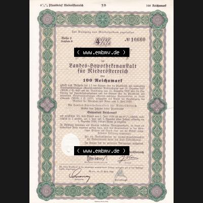 Österreich 1939, Wien, NIederösterreich Pfandbrief der Landes-Hypothekenanstalt über 100 Reichsmark, Reihe 2, Buchstabe D (1) Sammlung