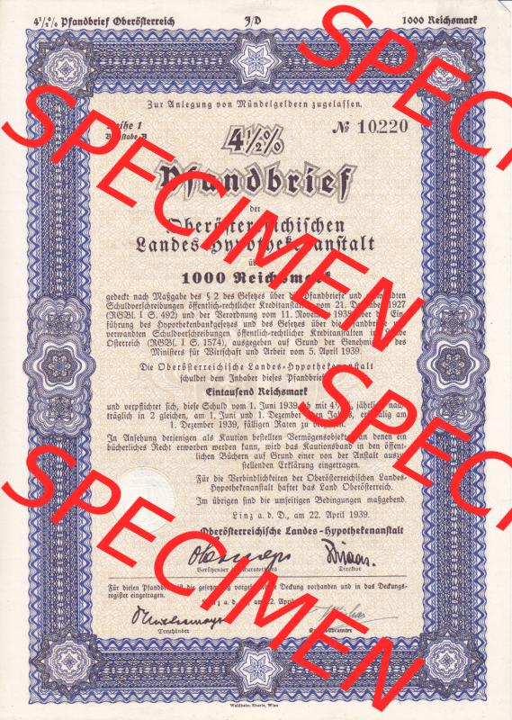 Österreich 1939, Reihe 1, Buchstabe B, 4.5 Prozent Pfandbrief, Zur Anlegung von Mündelgeldern zugelassen, Oberösterreichischen (1) Sammlung