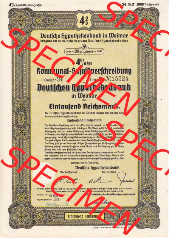 Deutsches Reich 1941 in gelb, Deutsche Hypothekenbank in Weimar, Kommunal-Schuldverschreibung in Weimar über Eintausend Reichsmark (1) Sammlung