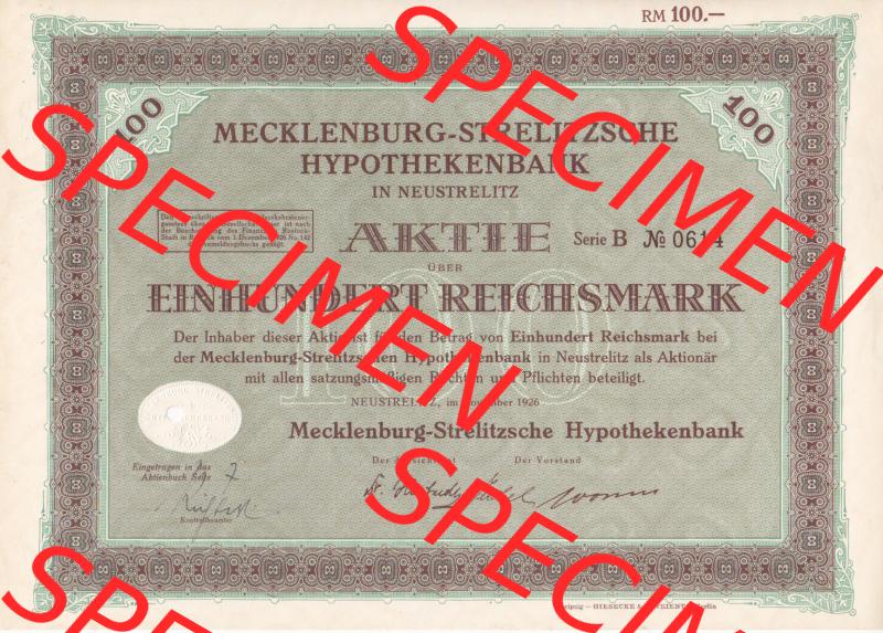 Aktie 1926, Mecklenburg-Strelitzetsche Hypothekenbank in Neustrelitz, Aktie über Einhundert Reichsmark (1) Sammlung