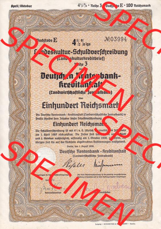 1938, Deutsche Rentenbank Landeskultur-Schuldverschreibung Einhundert Reichsmark (1) Sammlung
