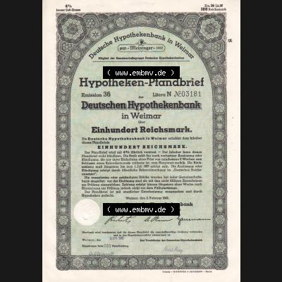 Deutsches Reich 1942, Weimar Hypotheken-Pfandbrief Deutsche Hypothekenbank in Weimar über Einhundert Reichsmark (1) Sammlung