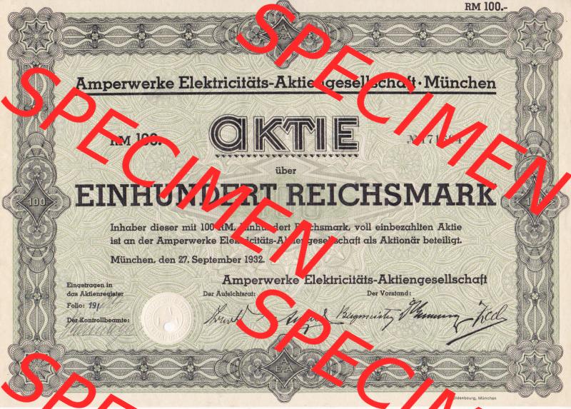 Aktie 1932 Amperwerke Elektricitäts-Aktiengesellschaft München, Einhundert Reichsmark (1) Sammlung