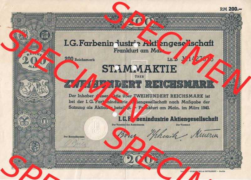 Aktie 1940, Frankfurt am Main, I.G. Farbenindustrie Aktiengesellschaft, Stammaktie 200-Zweihundert Reichsmark (1) Sammlung