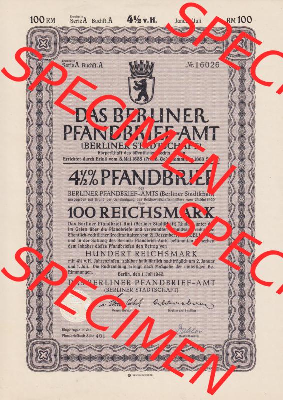 1940 Juli, Das Berliner Pfandbrief-Amt, Berliner Stadtschaft, 100 Reichsmark, 4.5 Prozent Pfandbrief (1) Sammlung