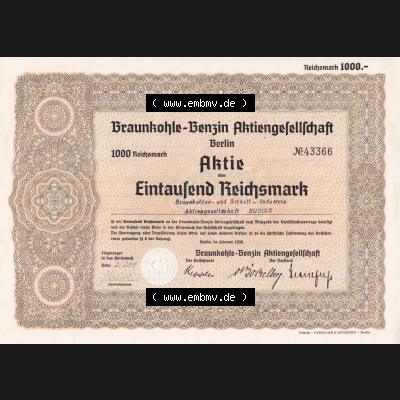 1936, Aktie Braunkohle-Benzin Aktiengesellschaft Berlin, 1000 Reichsmark, Braunkohle und Briket Industrie (1) Sammlung