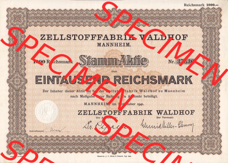 Aktie 1941 Zellstofffabrik Waldhof Mannheim, Stamm-Aktie über 1000 Reichsmark (1) Sammlung