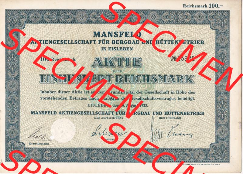 Aktie, 1933 Mansfeld, Aktiengesellschaft für Bergbau und Hüttenbetrieb in Eisleben, 100 Reichsmark (1) Sammlung