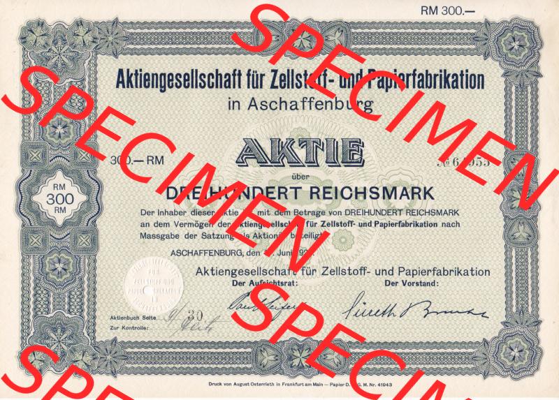 1929, Aktie, Aktiengesellschaft für Zellstoff und Papier-Fabrikation in Aschaffenburg, 300 Reichsmark (1) Sammlung