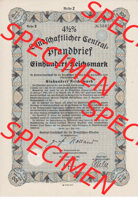 Deutsches Reich 1940 Landschaftlicher Central Pfandbrief über 100 Einhundert Reichsmark 4,5 Prozent (1) Sammlung