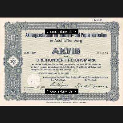 1929, Aktie, Aktiengesellschaft für Zellstoff und Papier-Fabrikation in Aschaffenburg, 300 Reichsmark (1) Sammlung