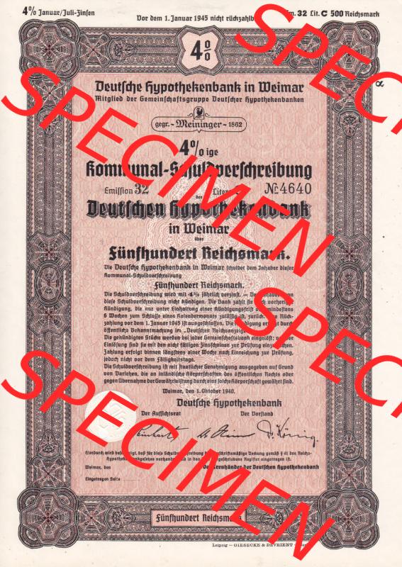 Deutsches Reich 1940, Deutsche Hypothekenbank in Weimar, Kommunal-Schuldverschreibung in Weimar über 500 Reichsmark (1) Sammlung